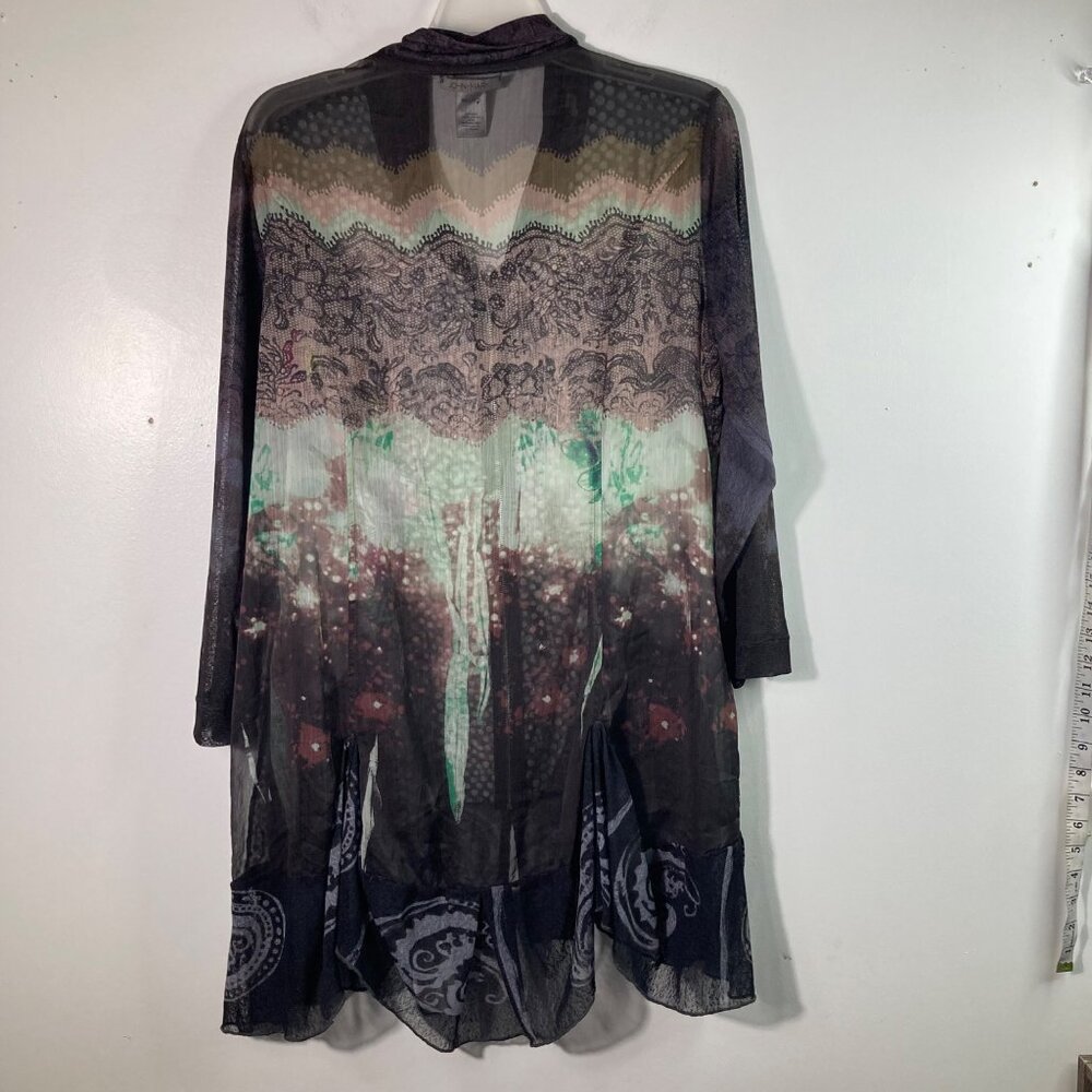 Womens John Mark Lagenlook Sheer Tunic Top Floral Dots Full Zip Multicolored L P - Picture 2 of 10